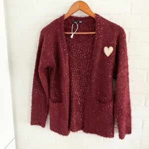 NWOT Sky Girl/Kids Open Knit Cardigan Fuzzy Burgundy Gold Heart Sequins Sz 14/16